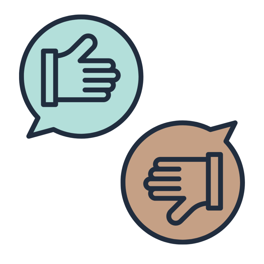 Two speech bubbles, one with a thumbs up another with thumbs down